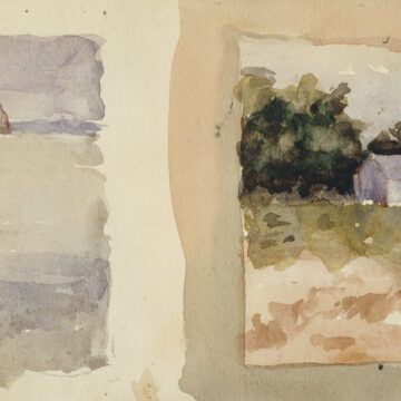 Paper divided into two sections. Left side has brown brush strokes from the bottom up until a blue stroke which, then purple strokes to the top. A brown triangle appears in the blue stroke. On the right is a brown frame with brown foreground. Blotches of green create the horizon line, and appear to be trees. Around the trees are blue strokes resembling a building.