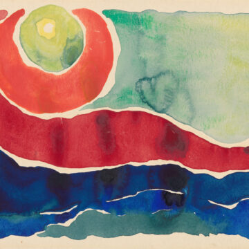 Circular patterns; one with yellow with cream colored dot and red horizontal tail with two blue horizontal waves below.