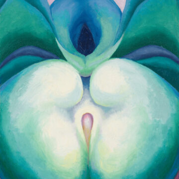 A floral form occupies much of this painting. It is situated in front of a reddish background. The lower portion of the flower is rounded and largely white in color. It has a small spot of pink in the center. The upper portion of the flower is made up of curving layers in shades of blue and green. It has a tear-shaped spot of black in its center.