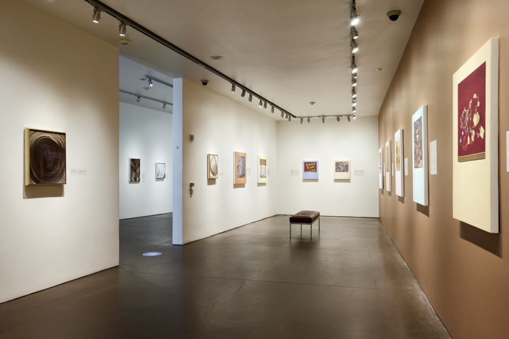 A long gallery view showing paintings on walls. Two walls are beige and the one on the right a deep tan. The entrance to the gallery is on the left. The floor is a deep gray color reflecting the walls.
