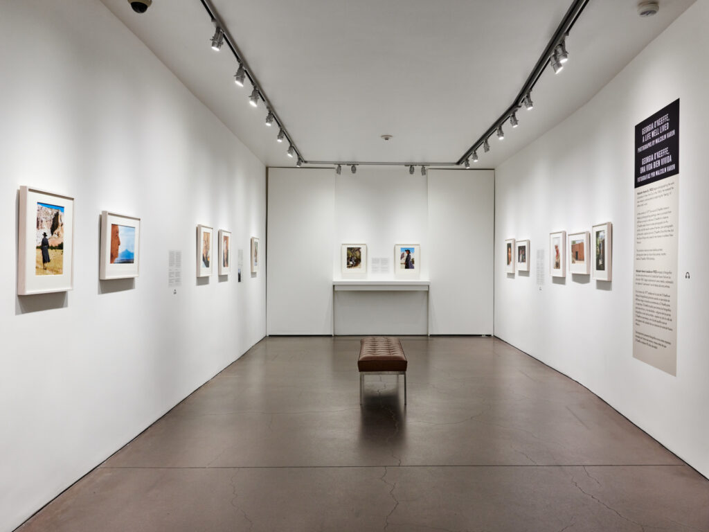 A view of a gallery with white walls and framed color photographs. The room has a dark brown floor with a leather bench in the center.