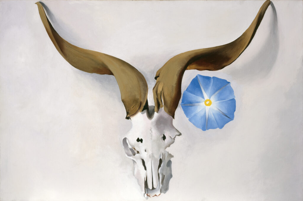 Oil on canvas of Ram's Skull Head and Blue Morning Glory on the proper left side of horn.