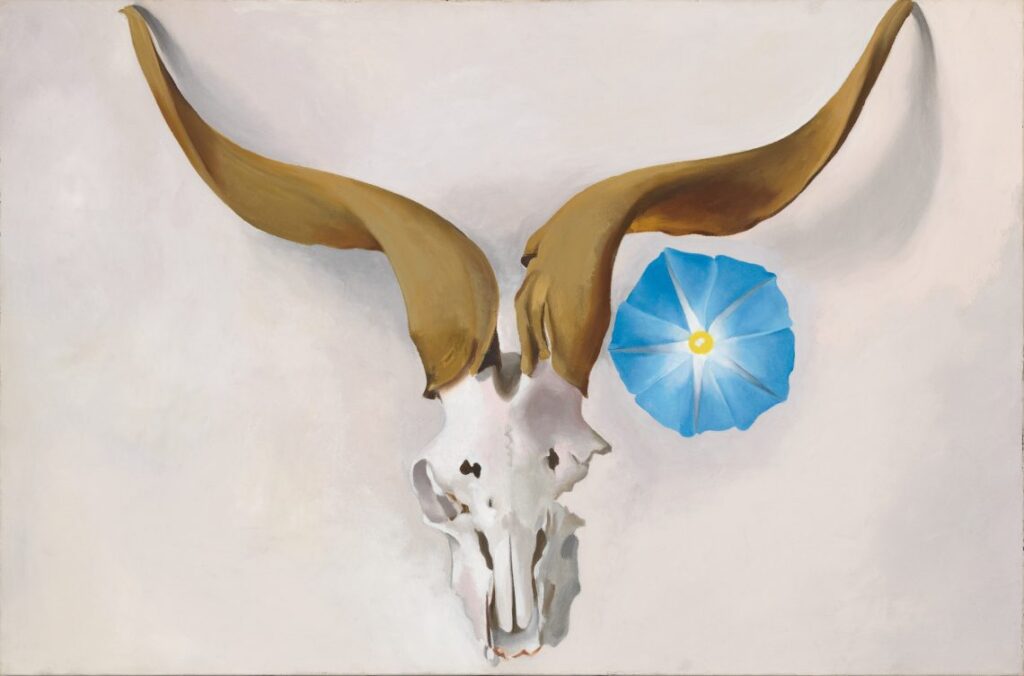 Oil on canvas of Ram's Skull Head and Blue Morning Glory on the proper left side of horn.