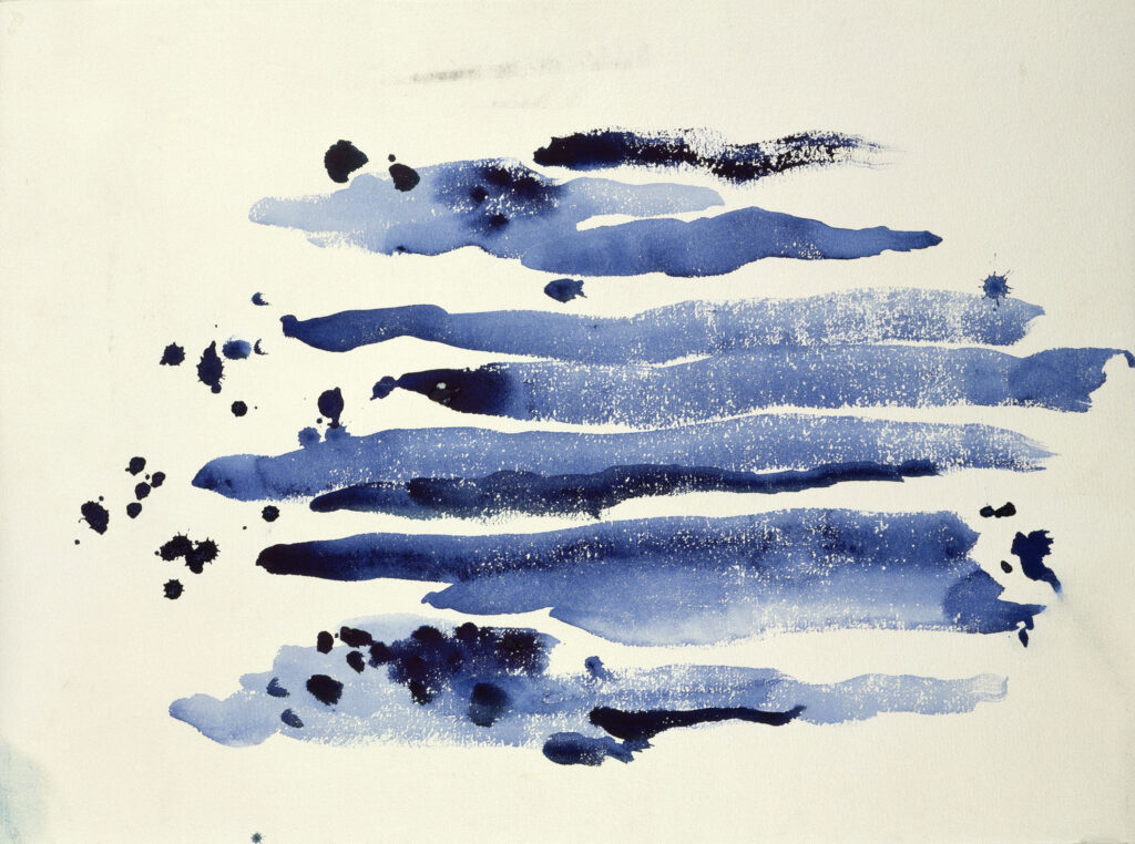 Roughly ten horizontal blue stroke of varying widths and hues. Splatters of blue on the left ends of the strokes. The blue strokes are suspended on the paper.