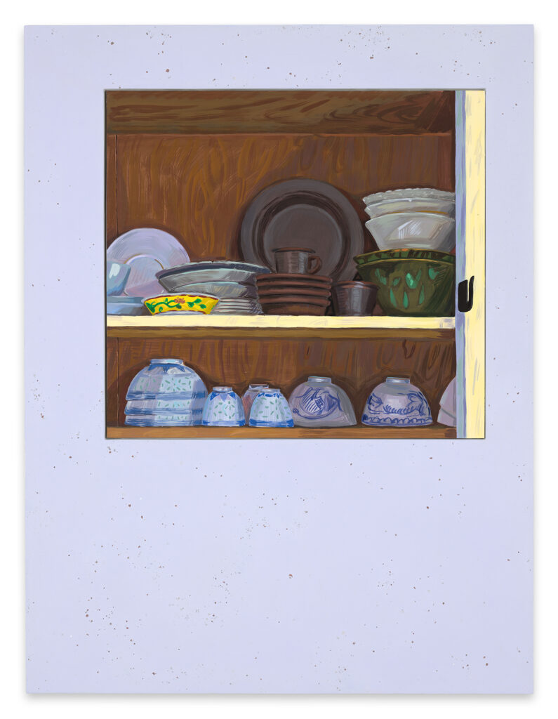 A lavender surround frames a painting in the upper two thirds of dishes on two shelves, one of the shelves is yellow, the other brown. The dishes are somewhat haphazardly placed against a brown background.