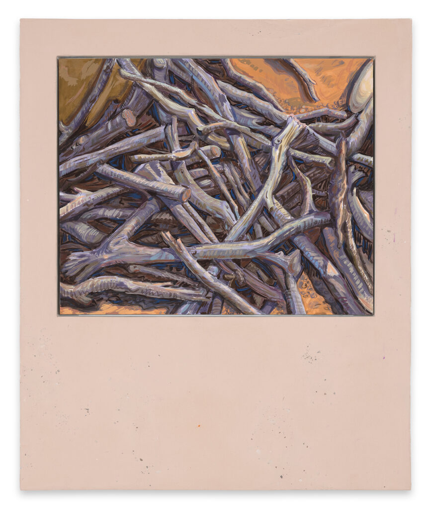A tan surround frame a painting in he top 2/3rds is a painting of gray dry sticks.