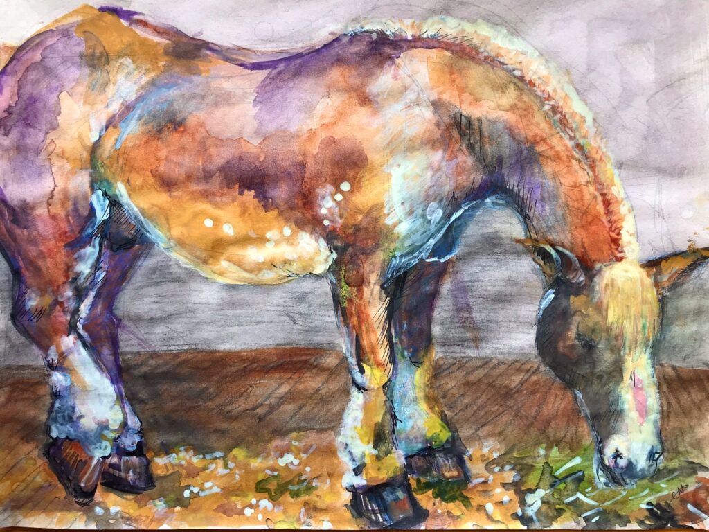 Colorful watercolor painting of a horse grazing.