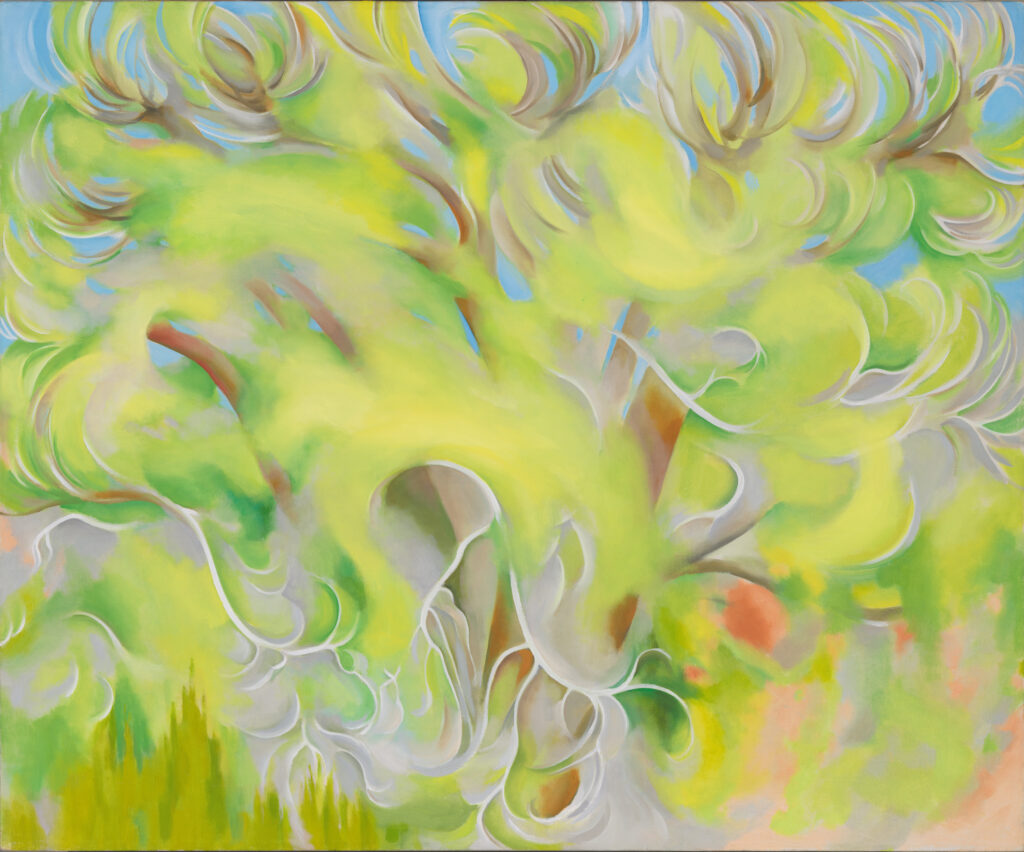 Cottonwood trees are rendered abstractly in this work. Bright, soft patches of yellow and green, which represent foliage, are highlighted by sharper white lines. The brown trunk and branches are slightly visible beneath the yellow/green leaves. Bits of blue sky peek through the leaves in the upper half of the work.