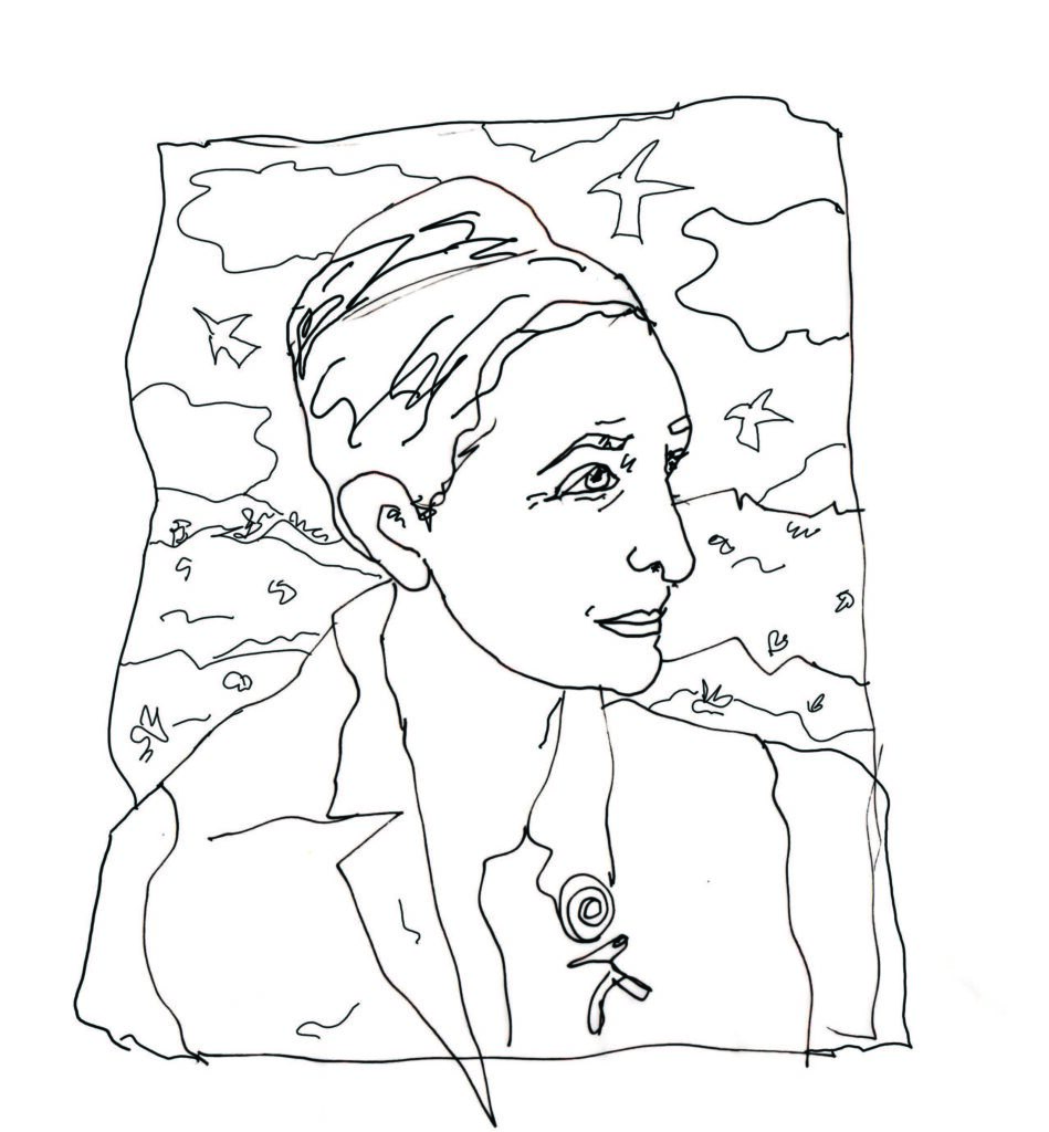 In the foreground there is a line drawing portrait of Georgia O'Keeffe. It is her torso and her side profile of her face with her hair drawn up a bun and a mild expression. The line drawing has a vibrant energy with clouds and crows in the background
