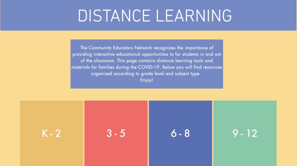 A graphic preview of a website for Distance Learning with a blue bar at the top saying Distance Learning and a list of grade levels in bright colors.