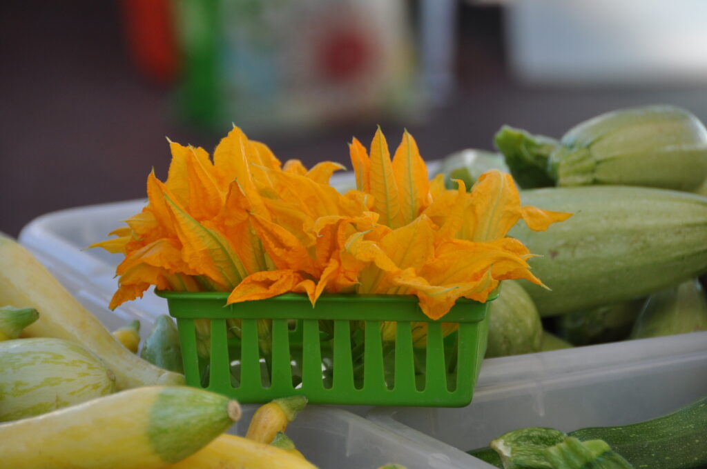 A close up photograph of a basket of Squash blossoms. The orange blossoms are stuffed into a green basket with drainage holes. The background of the image features other bounties of green vegetables.