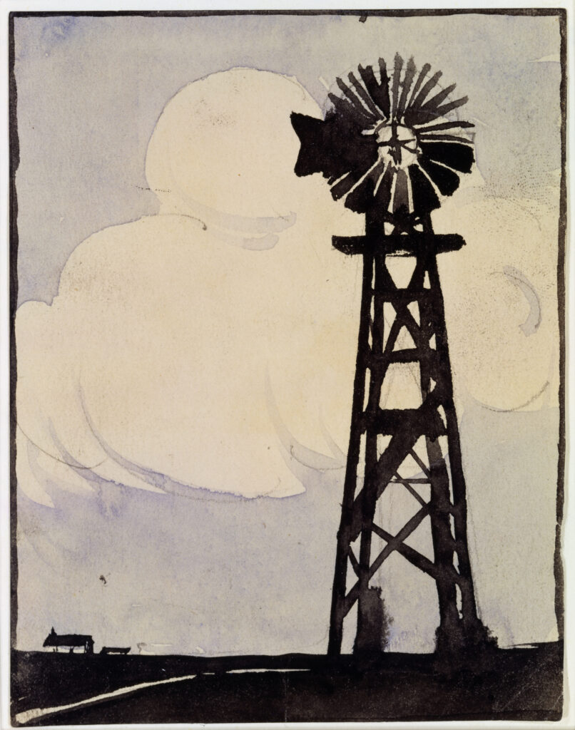 Very small vertical watercolor of a windmill and its tower on the right, with a large cumulus cloud in the middle of the washed blue sky.