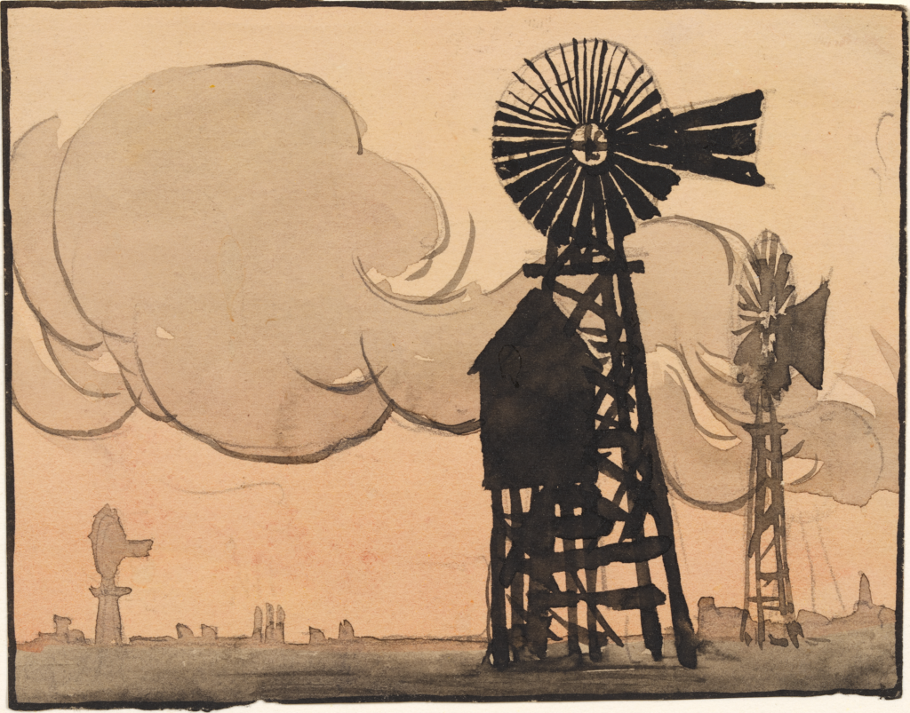 Small horizontal watercolor of windmills, two of which are situated on the right. The darker one in the foreground has a water tower beneath it. The second windmill on the right is much lighter and smaller in the background. On the left is the silhouette of another windmill in the distance with the suggestion of buildings behind it. All on a yellow ground with large cumulus cloud in the middle left.
