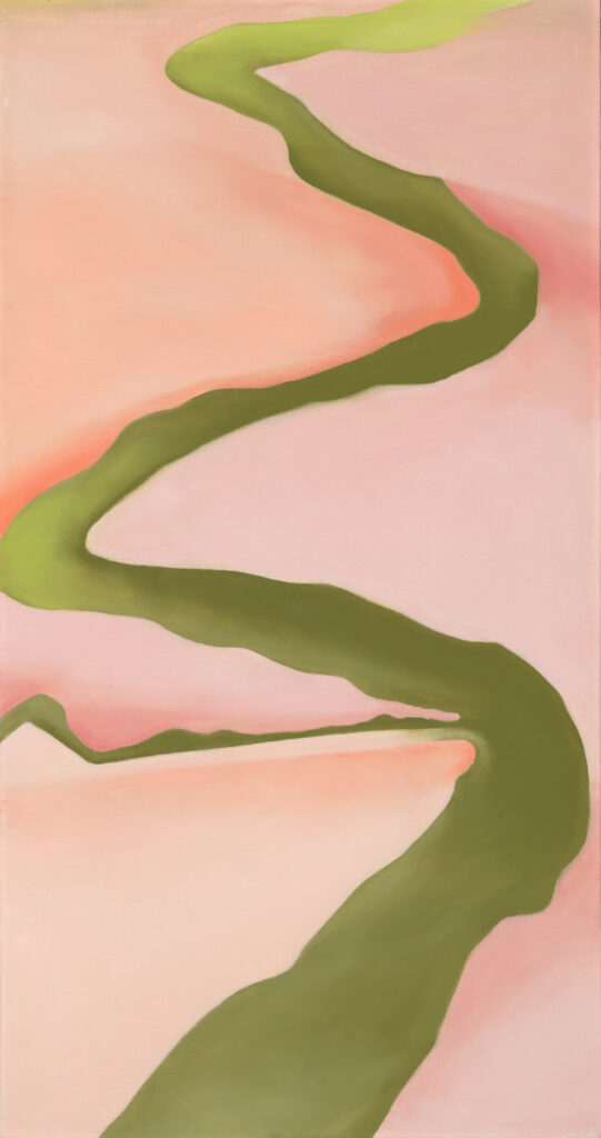 An oil painting that features a pink background and a green abstract river that wiggles down the painting.