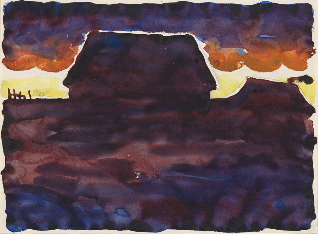 The silhouettes of two houses are visible in an early morning landscape. The first house, located in the center of the work, is larger than the second house, which is situated on the right side of the piece. The horizon line distinguishes the dark earth from the sky and lies approximately one-third of the distance from the top edge of the paper. The sky is brightly colored near the horizon; however, it darkens as it ascends into the clouds.