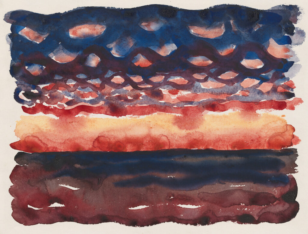 Loose watercolor with bands of horizontal colors: a strip of muddy brown along the bottom, layered above with a bleeding line of reddish to yellow in the middle. Above it turns to purplish-blue dotted with scattered orange areas as if small clouds.