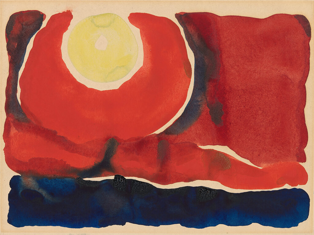 Horizontal watercolor with yellow circle in upper left corner, surrounded by a larger partial circle in vibrant red. The rest of the page is filled out with red, and a stripe of dark blue along the bottom edge