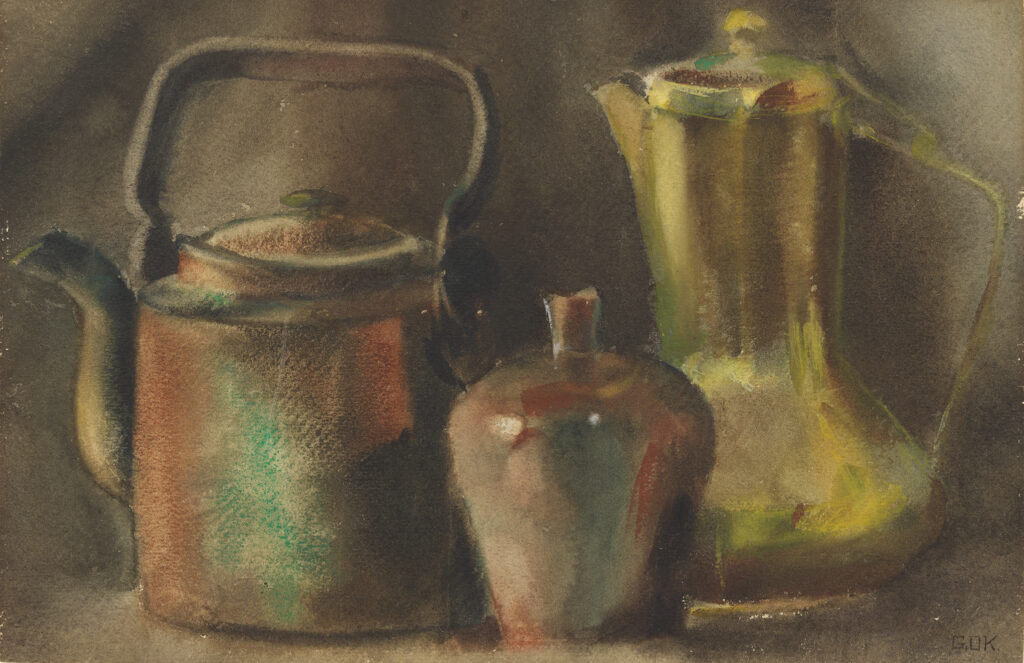 Still life grouping of tea pot, small canister in foreground and coffee pot on view's right. Muted pallet of greys and greens in horizontal format.