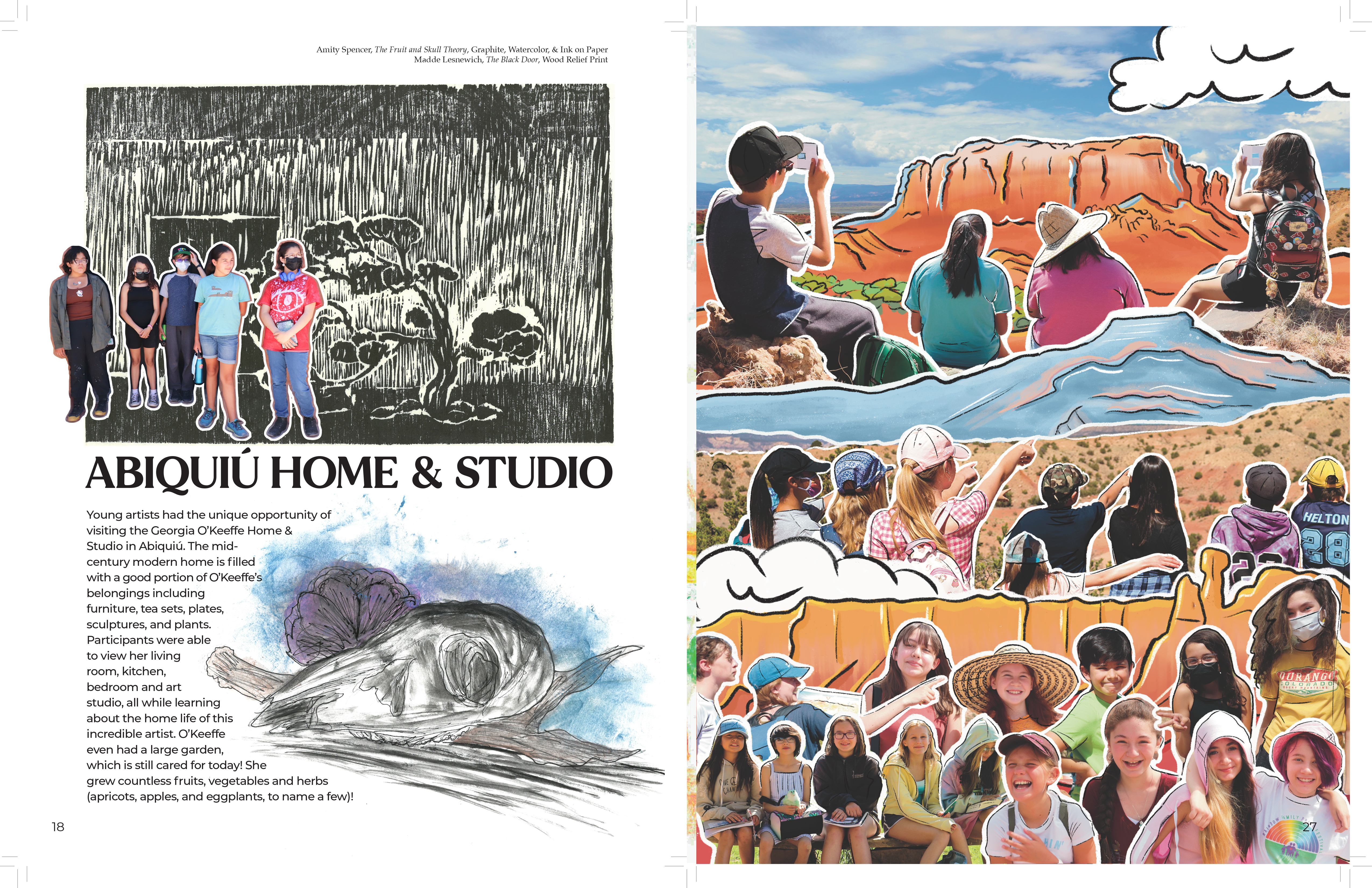 Pages from the zine showing photos from the students' visit to O'Keeffe home and studio in Abiquiú and Ghost Ranch. Between the photos are illustrations by the students.