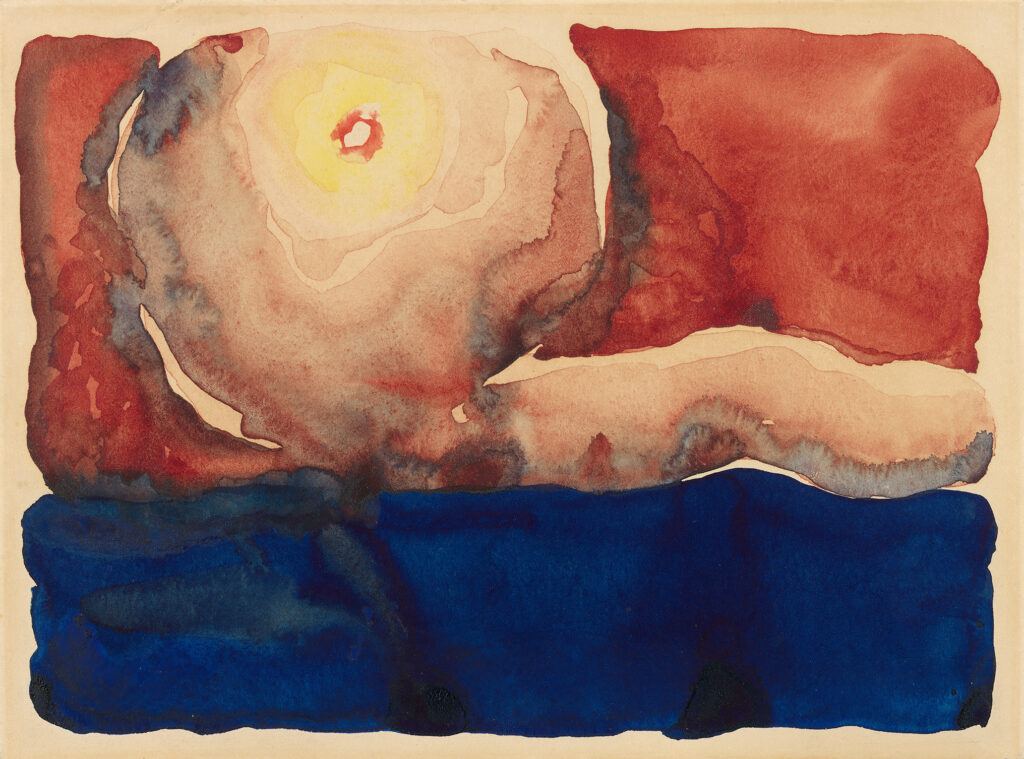 Watercolor of a reddish sky dominated by the glow of a star, over a dark blue landscape. The entire pictorial surface is filled with bleeding bands of fluid blue and red hues, which radiate outward from a pale yellow star in the upper left of the composition.