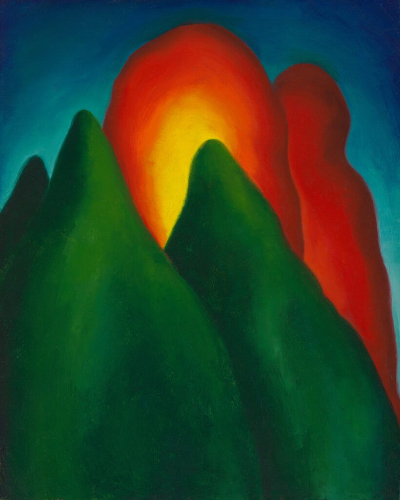 Three conical green trees rise up from the base of the work and extend into the central and left portions of the piece. In the center of the image, a rounded tree with a yellowish center emerges above the green trees. Behind the central red tree and to the right, a narrower, rounded red tree can also be seen. The sky, visible in the upper corners of the work, is a dark blue.