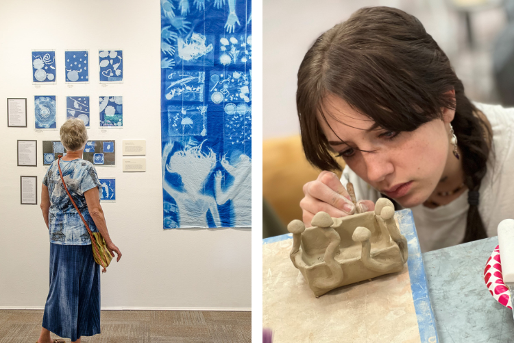 Left hand side:Photograph of a person standing in front of a gallery wall admiring art made by the Art & Leadership student during the summer. On the right is a large tapestry created by the students on the left are several smaller pieces. Right hand side: A close-up photograph of a person using a tool to detail a ceramic sculpture.