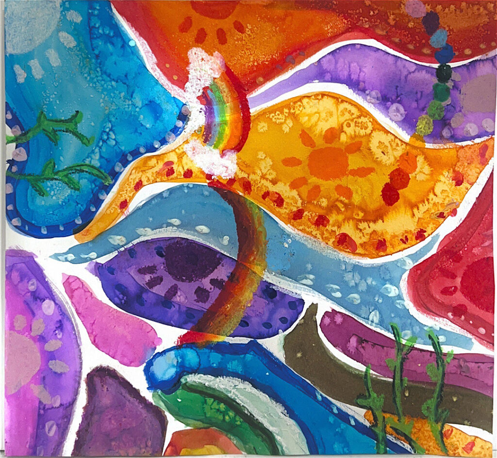 Abstract painting of shapes and strokes of different color with a shape in the center of the canvas resembling closely an eye.