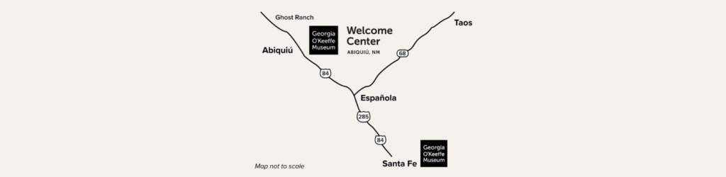 Graphic of a map showing the Georgia O'Keeffe Museum in Santa Fe, Española, and the O'Keeffe Home & Studio in Abiquiú about 52 miles north of Santa Fe. 