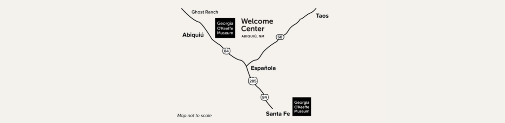 Graphic of a map showing the Georgia O'Keeffe Museum in Santa Fe, Española, and the O'Keeffe Home & Studio in Abiquiú about 52 miles north of Santa Fe.