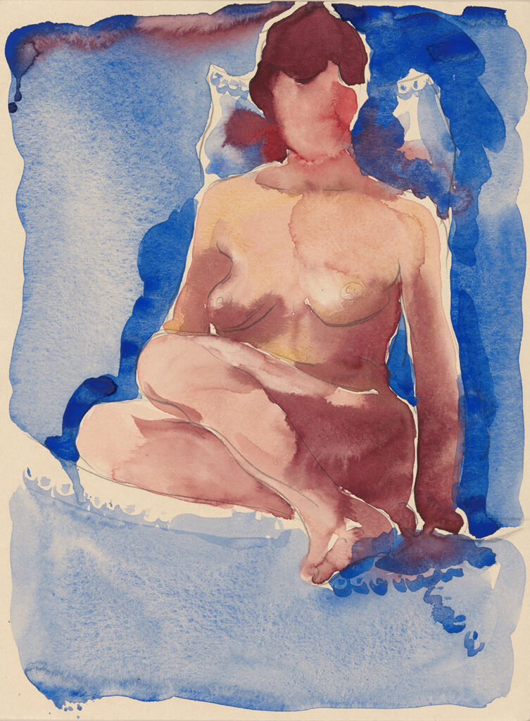Vertical watercolor of seated female nude on mostly light and dark blue background. Seated with legs folded resting on other. Body back leans in blue background. Left and right arms at sides of body. Face has shadow and hair is brown color. Source of light comes from the front in areas of body. Nude No. IX, Self-portraits as noted in #176.