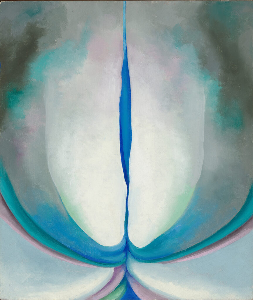 Vertical canvas of mostly grey-blue tones with some distinct lines of strong color. General shape is that of a "U", dominated in the center by a vertical blue line. In the lower portion ribbons of greyish pink, blue-green, grey-blue curtain-like lines pull to meet in the middle creating the "U" shape out of which the delicate blue line rises. The upper portion radiates from light closest to the blue line blending out to the darkest part of the painting in the upper left & right corners.