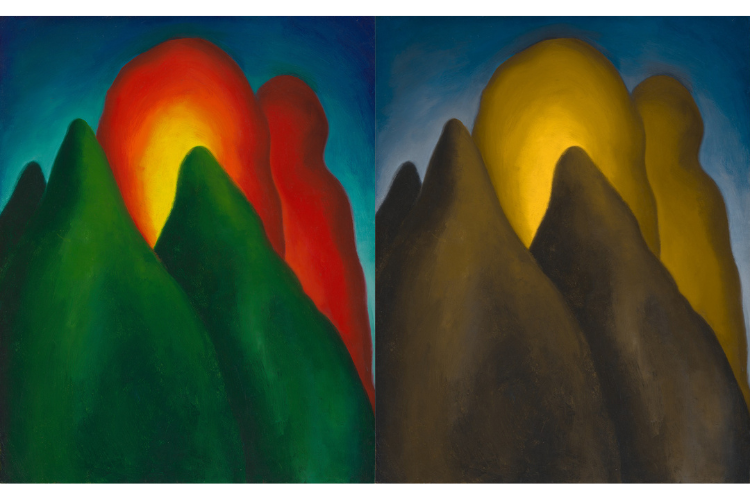 Left: Three conical green trees rise up from the base of the work and extend into the central and left portions of the piece. In the center of the image, a rounded tree with a yellowish center emerges above the green trees. Behind the central red tree and to the right, a narrower, rounded red tree can also be seen. The sky, visible in the upper corners of the work, is a dark blue. Right: A version of the same painting but where the green and red pigments are muted into golden brown.