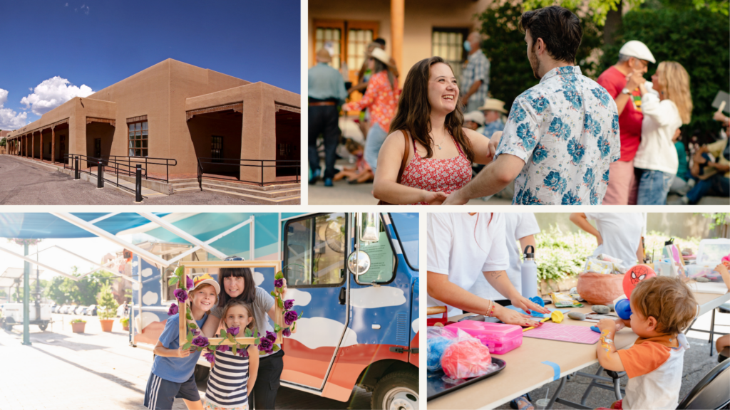 Collage: From top left clockwise: Exterior of an adobe building with a large patio and a blue sky above; photograph of two people dancing and smiling together holding hands. Behind them are trees, an adobe building and other couples dancing; Photograph of an adult and two children smiling as they hold up a frame. Behind them is the Art to G.O. art truck; Photograph of a child molding some clay at a table with an adult demonstrating in front of them. 