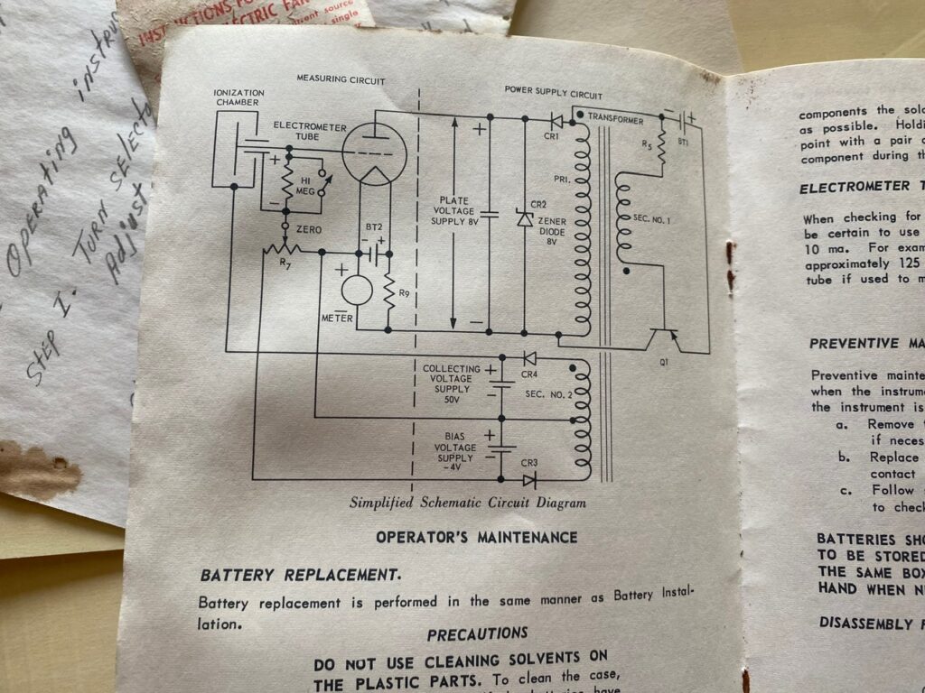 A close-up photograph of instructions for maintenance and repair of the the Victoreen Fallout Detection Meter. behind are barely visible handwritten notes.