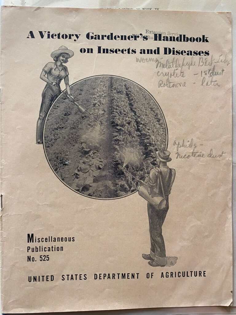 A gardener's handbook on insects and diseases with a black and white circular image of a garden at the center and the figure of two people on the side.