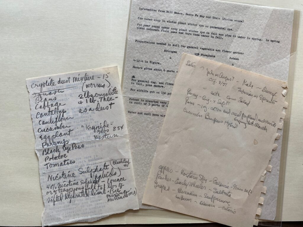 Two handwritten pages of notes and lists on the varieties of vegetables with a types page on gardening.