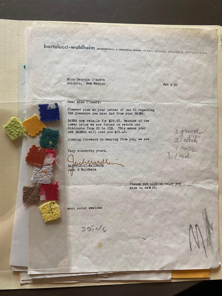 A typed letter addressed to Miss O'Keeffe regarding a Barwa chair. On the side are nine small squares made of different colored fabrics encased in a plastic envelope.