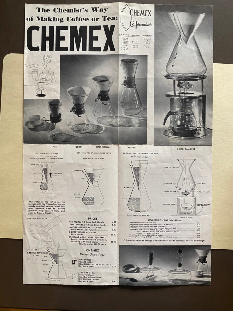 An open pamphlet on how to use a Chemex to made coffee or tea with photos in black and white.