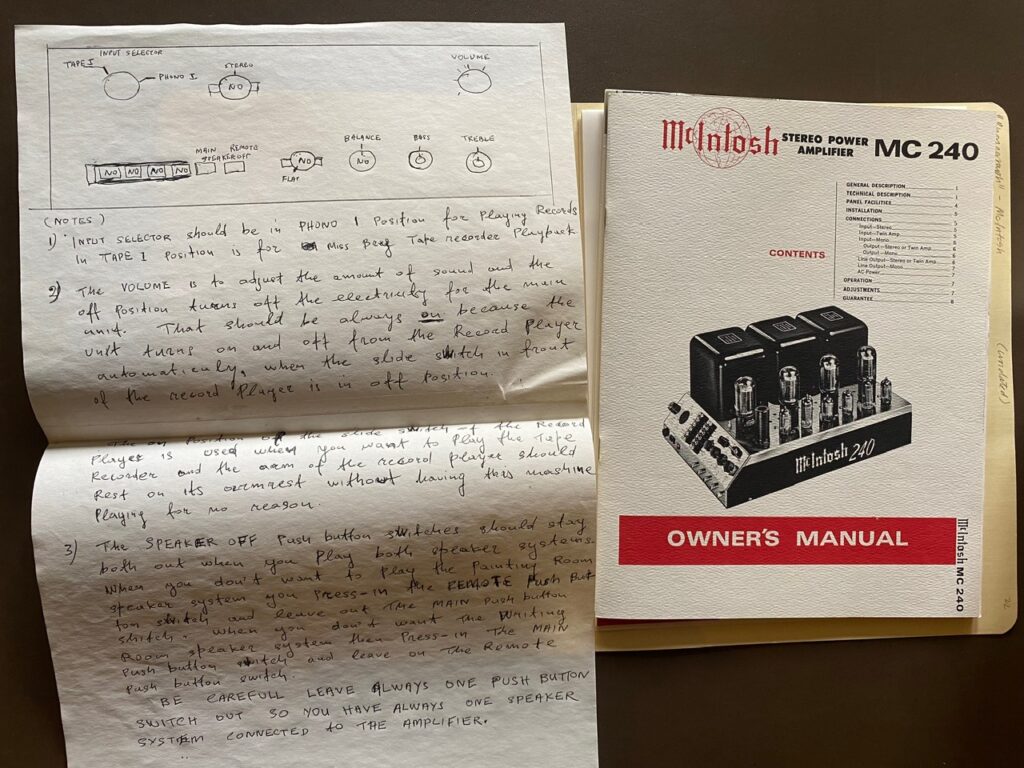 Hand-written instruction on the left and a owner's manual on the right for how to use a McIntosh Stereo Power Amplifier MC 240.