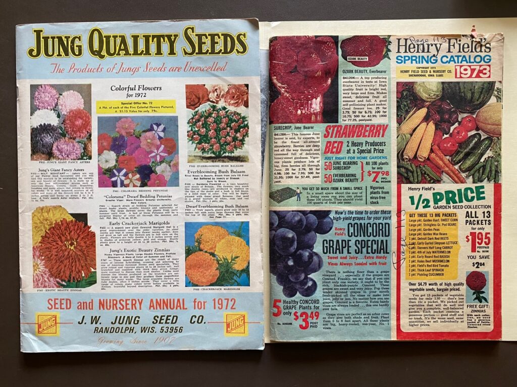 Two pages of Jung Quality Seed catalog with colorful images of different produce and flowers and details about the prices of seeds.