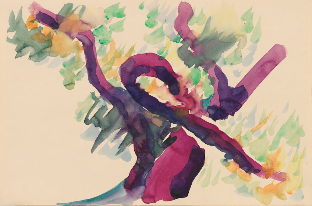 Red tree trunk strong central branch forms a diagonal curved shape, leaves are predominantly green and yellow