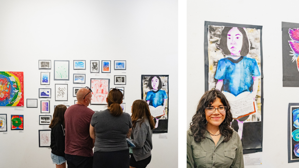 Left: A group of four people from behind looking at art pieces on a wall. Right: A person with long dark hair and glasses smiling at the camera as they pose in front of a artwork depicting a person reading a book.