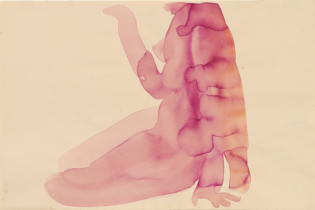 Horizontal watercolor of a pinkish-orange female nude figure. She is seated on the floor, twisting slightly forward with knees out to the left. The figure is propped on one arm while the other floats upward. No preliminary drawing, and no background color.
