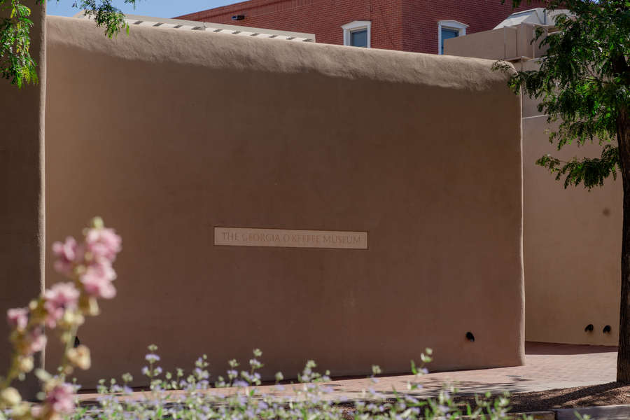 Exterior of the Museum's adobe structure with a thin, long placard stating 'Georgia O'Keeffe Museum.' To the right of the frame and out of focus is a flower. The edge of the photograph is framed with tree branches and a blue sky.