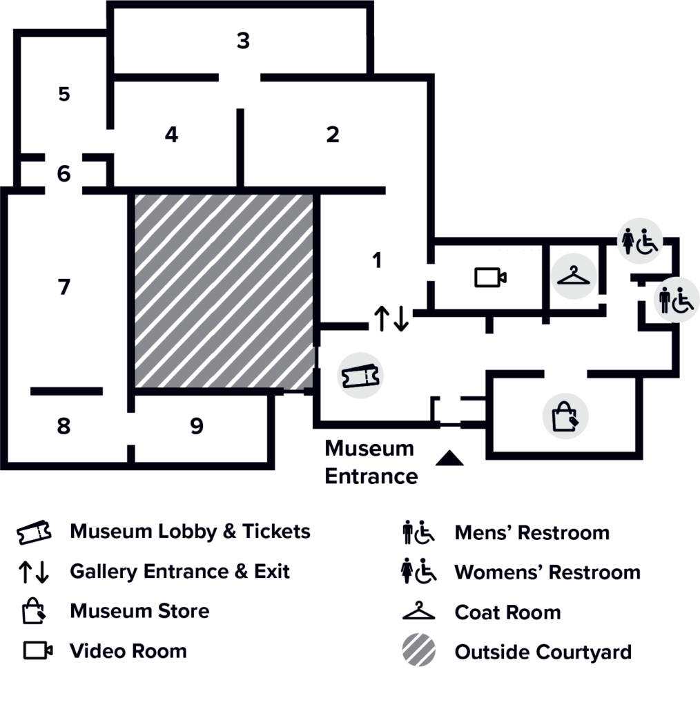 Map of the floorpan of the Georgia O'Keeffe Museum showing all nine Galleries, the lobby, restrooms, and Museum Store