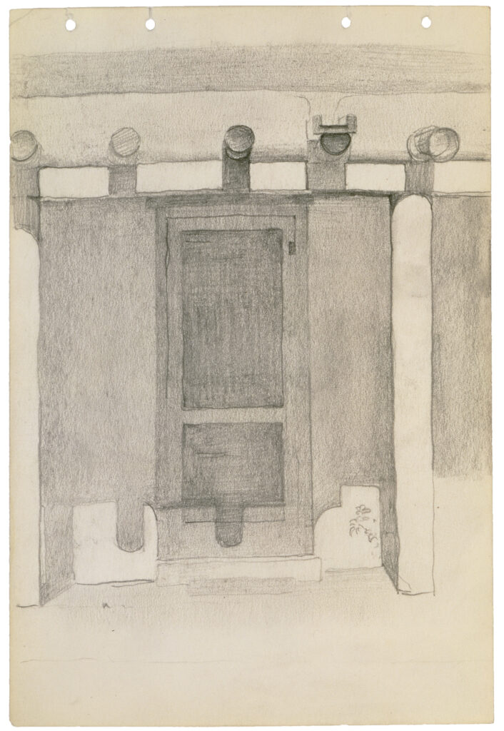 Vertical graphite sketch of doorway with screen door, five vigas, canale detail and boot scraper; four punched holes at top of paper.