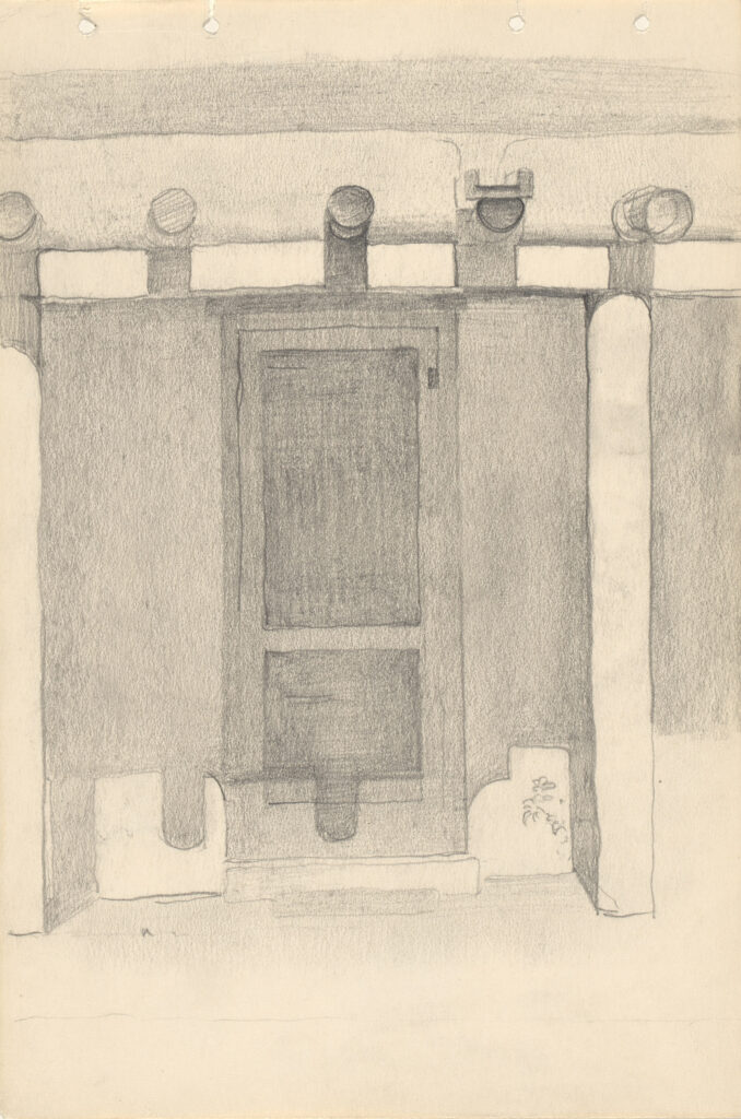 Vertical graphite sketch of doorway with screen door, five vigas, canale detail and boot scraper; four punched holes at top of paper.