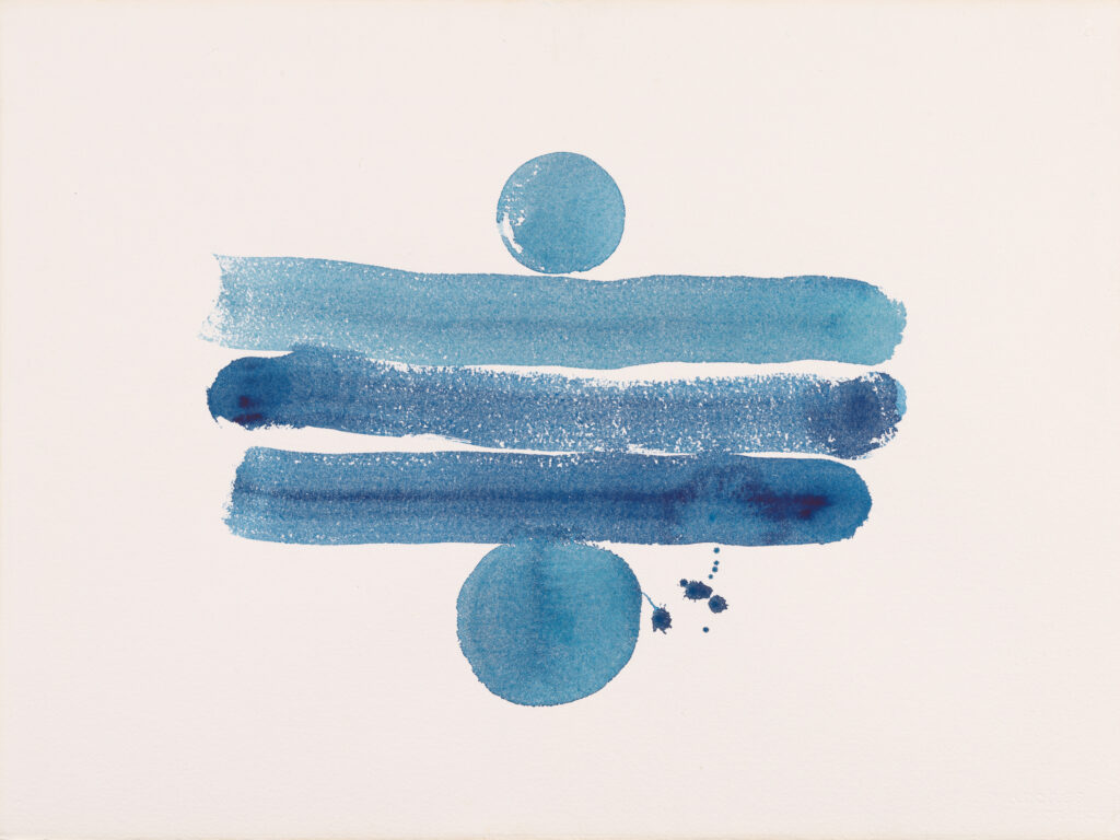 atercolor of three broad, blue horizontal lines in the center, with a blue circle above and below the lines, the bottom slightly larger and touching the bottom line. A few paint drops next to the bottom circle and below the bottom line.