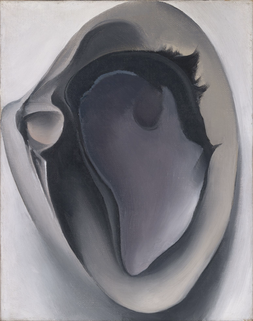 In this small painting, a mussel shell rests inside a clam shell. The inner sides of both shells are visible to the viewer. The clam shell is light in color. Its hinge touches the left side of the canvas. The mussel shell is darker in color, and much of its visible inner side reflects its characteristic pearlesque luster.