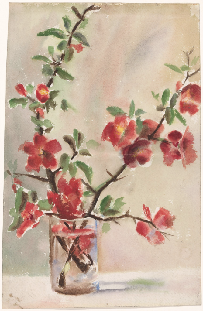 Watercolor study of red flowers on thorny, leaf covered branches in glass vase. The vase of flowers is positioned slightly left of the center at the bottom of the paper. There are two primary branches of flowers, one that extends up, and one that bends up and towards the right side of the page. The background is done in a light tan and light gray green wash.